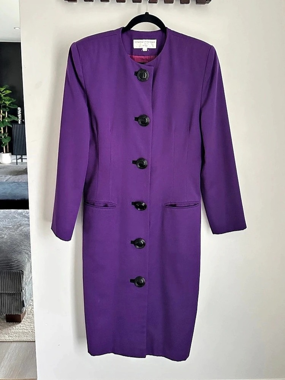 Vintage 80s 90s Purple 100% Wool Coat Dress Made in Canada Shoulder Pads Size 12